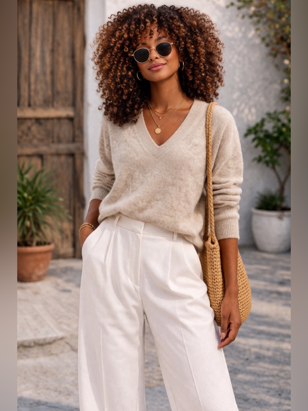 Everlane 100% Cashmere V-Neck Sweater Beige Minimalist Small Moth Holes